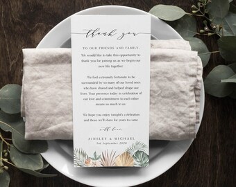 Tropical Wedding Thank You Note Editable Template, Minimalist Wedding, Wedding Place Setting Thank You, Table Card, Instant Download - BD73