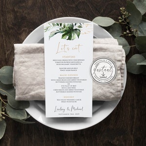 Plantilla editable de menú de boda con vegetación tropical, menú imprimible, menú de recepción con hojas de palmera, decoración de mesa, descarga instantánea, rústico, BD59