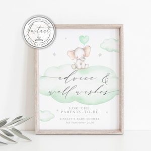 Baby Elefant Beratung & gut wünscht Zeichen Vorlage, Gender Neutral, grüne Baby-Dusche, Elefant-Baby-Dusche, Instant Download, Printable-BD82