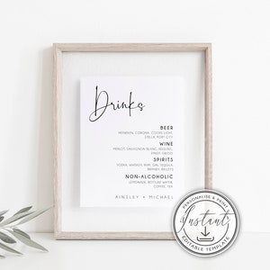 Minimalist Drinks Sign Editable Template, Bar Menu Sign, Modern Wedding Signage, Printable Sign Wedding, Templett, Minimal Wedding Sign BD53