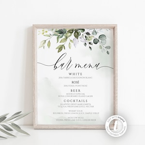 Bar Menü Hochzeit Schild Vorlage, Getränke Schild, Greenery Eukalyptus, Aquarell Grün, Printable Schild, Sofort Download, Dekor, BD44