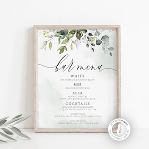 Bar Menu Wedding Sign Template, Drinks Sign, Greenery, Eucalyptus, Watercolor Greenery, Printable Sign, Instant Download, Decor, BD44