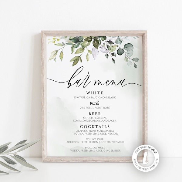 Bar Menü Hochzeit Zeichen Vorlage, Getränke Schild, Grün, Eukalyptus, Aquarell Grün, druckbares Zeichen, Sofort Download, Dekor, BD44