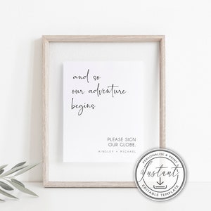 Minimalist Globe Guestbook Sign Editable Template, Modern Wedding Signage, Our Adventure Begins, Printable, Templett, Minimal Wedding, BD53