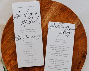 Plantilla editable de programa de boda minimalista, programa de boda moderno, orden de servicio minimalista imprimible, programa de ceremonia minimalista - BD76