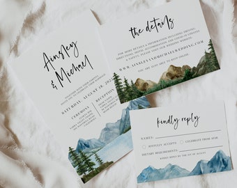 Mountain Wedding Invitation Set, Lake Wedding Editable Invitation Suite, Rustic Wedding Invite, Instant Download, Printable Invitation BD124