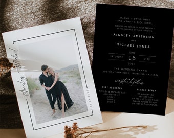 Black Minimalist Photo Wedding Invitation Set, Simple, Black Modern Wedding Invite, Editable Template, Instant Download, Printable Invite #9