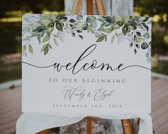 Greenery Wedding Welcome Sign Template, Rustic Wedding Welcome Sign, Printable Welcome Sign Wedding, Templett, Eucalyptus, Watercolor, BD44