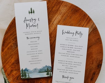 Mountain Wedding Program Editable Template, Lake Wedding program, Rustic Wedding, Printable Order of Service, Ceremony Program, Boho, BD124