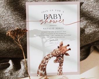 May include: A baby shower invitation with a pink background and a watercolour illustration of two giraffes. The text reads "Join us for a Baby Shower Honoring Natalie Jones Saturday the 18th of August, 2024 from 1-3 o'clock in the afternoon The Smithson Home 100 Wantirna Rd. California RSVP by 01/08 to 555-555-555 Shop 1. 2. 3"