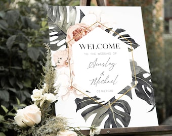 Tropical Wedding Large Welcome Sign, Editable Template, Instant Download, Tropical Blush Sign, Printable Sign, Boho Welcome Poster - BD79