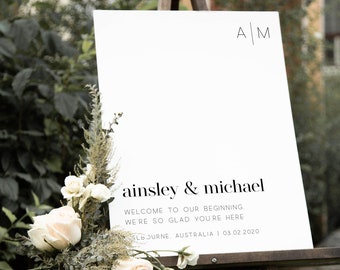 May include: A white wedding welcome sign with the text "A/M ainsley & michael WELCOME TO OUR BEGINNING. WE'RE SO GLAD YOU'RE HERE MELBOURNE. AUSTRALIA | 03.02.2020". The sign is on an easel with greenery and white flowers in front of it.