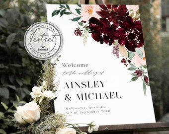 Burgundy Wedding Welcome Sign, Editable Template, Instant Download, Watercolor Floral, Printable Sign, Large Welcome Sign - BD86