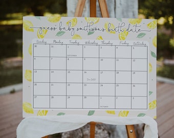 Citroen vervaldatum kalender teken sjabloon, Citrus Guess Baby's geboortedatum spel, lieve babyshower, babykalenderspel, afdrukbaar, limonade BD171