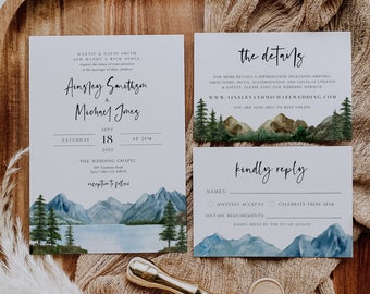 Mountain Wedding Invitation Set, Lake Wedding Editable Invitation Suite, Rustic Wedding Invite, Instant Download, Printable Invitation BD124