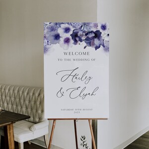 Placa de boas-vindas para casamento roxa, Placa grande de casamento em aquarela e lavanda, Download instantâneo, Placa para impressão, Placa de casamento lilás, Violeta, BD148