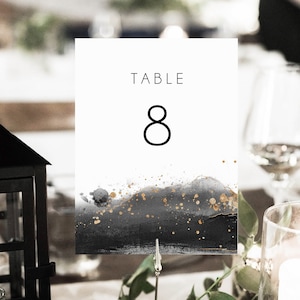 Números de mesa para bodas en dorado y negro, números de mesa editables para bodas modernas, descarga instantánea, acuarela negra, tarjetas de mesa imprimibles, BD119