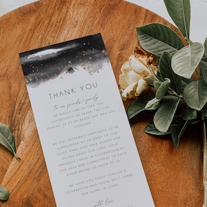 Plantilla de nota de agradecimiento para boda en dorado y negro, moderna tarjeta de agradecimiento para mesa de boda, plantilla editable, descarga instantánea, BD119