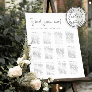 Minimalist Seating Chart Editable Template, Modern Wedding, Table Plan DIY, Seat Planning, Seating Chart Board, Templett Seating Chart, BD53