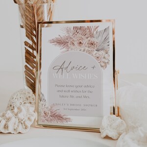 Boho Arch Advice + Well Wishes Schild Vorlage, Beige + Blush Floral Brautdusche Zeichen, Sofort Download, Fächerpalmen, printable Schild, BD145
