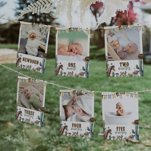 Banner fotográfico de primer año de rodeo, fotos de primer año de vaquero del oeste, primer año del bebé, hito mensual imprimible, BD185