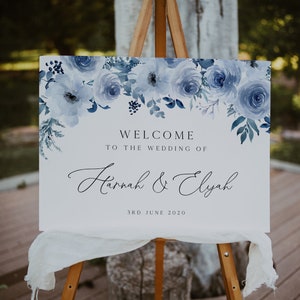 Dusty Blue Wedding Welcome Sign, Editable Template, Blue Floral Wedding Signage, Rustic Wedding, Boho Watercolor sign, Printable - BD93