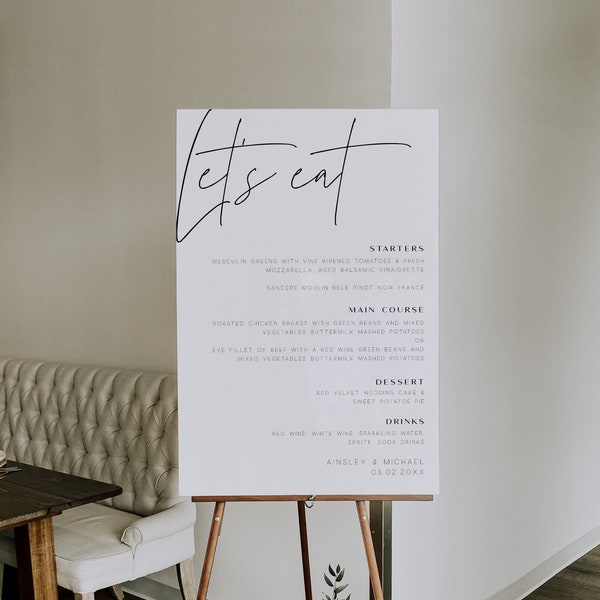 Minimalist Menu Wedding Sign, Let's Eat Sign, Modern Wedding Signage, Instant Download, Printable Sign, Editable Template, Minimal - BD108