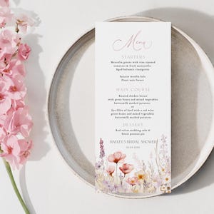 Blush Wildflower bearbeitbare Menükarte Vorlage, Aquarell Wildflower Brautdusche Menü, druckbare Menükarte, Rosa Blumenmenü, BD205