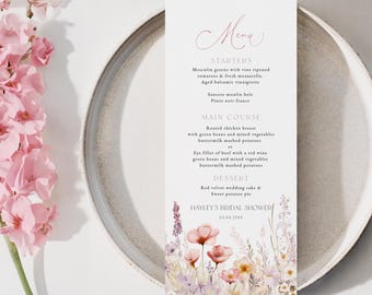 Blush Wildflower Editable Menu Card Template, Watercolor Wildflower Bridal Shower Menu, Printable Menu Card, Pink Floral Menu, BD205