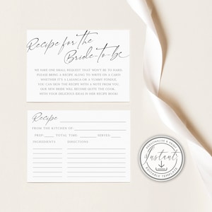 Insert de carte minimaliste pour la future mariée, carte à remplir pour la recette, modèle modifiable, téléchargement immédiat, shower de mariage moderne - BD76