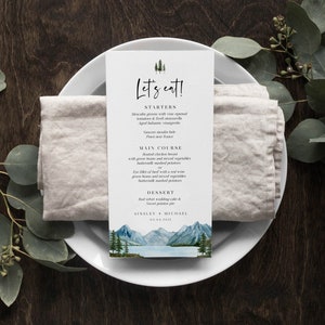 Modèle modifiable de menu de mariage en montagne, menu imprimable, mariage sur le lac, menu de réception, décoration de table, téléchargement immédiat, menu rustique, BD124