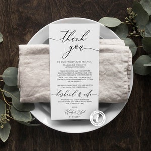 Plantilla de nota de agradecimiento para boda, rústica, para mesa de boda, editable, descarga instantánea, BD44