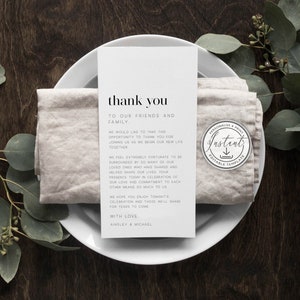 Plantilla minimalista de agradecimiento para boda, boda moderna, agradecimiento por la decoración de mesa, tarjeta de mesa, descarga instantánea editable - CORA