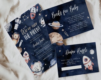 Space Baby Shower Invitation Bundle, We're Over the Moon Editable Invitation, Outer Space Invite, Instant Download, Printable Invite, BD127