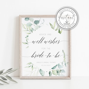 Greenery Advice and Well Wishes Sign Template, Rustic Bridal Shower Sign, Advice for the Bride-to-be, Printable Sign, Advice Cards, BD70