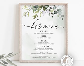 Bar Menu Wedding Sign Template, Drinks Sign, Greenery, Eucalyptus, Watercolor Greenery, Printable Sign, Instant Download, Decor, BD44