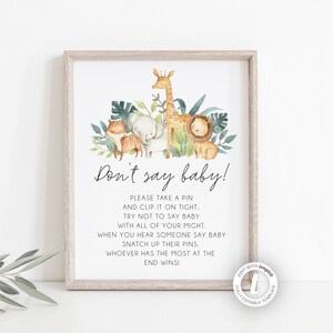 Safari Don&#39;t Say Baby Sign, Editable Template, Instant Download, Safari baby shower, jungle animals, printable baby, gender neutral, BD47