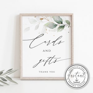 Modèle de plaque pour cartes et cadeaux, téléchargement immédiat, plaque de mariage, aquarelle verdure feuille d'or, bohème, décoration de mariage imprimable, BD51