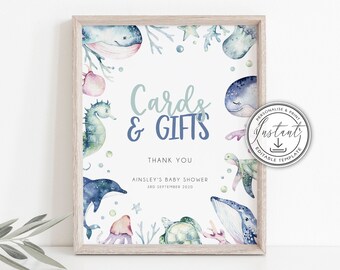 Ocean and Sea Cards & Gifts Sign Editable Template, Ocean Baby Shower Signage, Instant Download, Printable Sign, Nautical Baby Shower BD105
