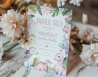 Pink Dinosaur 3rd Birthday Editable Invitation, Girl Three Rex Birthday Invite, Pink & Purple Dinosaur Invitation, Printable Invite, BD214