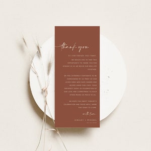 Plantilla de nota de agradecimiento para boda en terracota, decoración de mesa en naranja quemado, tarjeta de agradecimiento, descarga instantánea editable, estilo bohemio, BD129