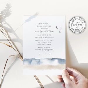 Invito modificabile per baby shower in spiaggia, tema baby shower oceano, moderno, nautico, tropicale, invito stampabile, download immediato - BD74