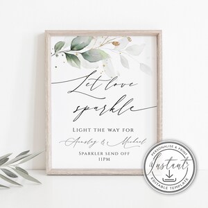 Let Love Sparkle Sign Template, Sparkler Send off, Instant Download, Bohemian Wedding Sign, Watercolor Greenery Gold Leaf, Printable, BD51