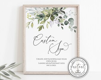 Greenery 8x10 Custom Sign Bearbeitbare Vorlage, Aquarell, Eukalyptus Greenery, Hochzeitsschild Hochzeitsdekor DIY Erstellen Sie Ihr eigenes druckbares BD44