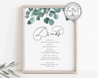 Plantilla de letrero de bebidas para boda con vegetación, letrero editable para menú de bar, eucalipto, descarga instantánea, letrero imprimible, decoración de boda, estilo rústico bohemio BD65