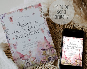 Fairy First Birthday Party Editable Invitation, Magical Enchanted Fairy 1st Birthday Invite, Girls 1st Birthday Printable Fairy Invite BD189