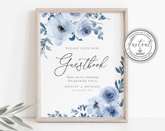 Dusty Blue Guestbook Sign Template, Blue Floral Wedding Editable Sign, Modern Rustic Wedding, Printable Sign, Instant Download, Boho - BD93