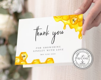 Bee Thank You Folded Card Editable Template, Bee baby Shower, Honey Baby Shower, Instant Download, Watercolor Honeycomb Thank You Card- BD89