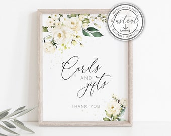 White Floral Cards & Gifts Wedding Sign Template, Greenery White Roses, Ivory, Printable Wedding Sign, Wedding Signage, Rustic Editable BD69