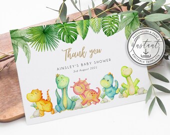 Biglietto di ringraziamento a forma di dinosauro, modello modificabile, biglietto di ringraziamento per baby shower a tema dinosauro, download immediato, biglietto stampabile - BD101